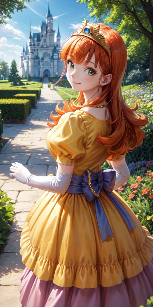 masterpiece, best quality, dqLaura, orange hair, tiara, necklace, yellow dress, elbow gloves, cowboy shot, looking at viewer, castle, garden, sky, spring, smile 