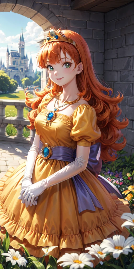 masterpiece, best quality, dqLaura, orange hair, tiara, necklace, yellow dress, elbow gloves, cowboy shot, looking at viewer, castle, garden, sky, spring, smile 