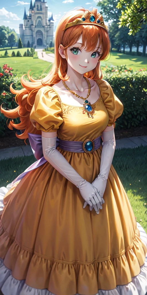 masterpiece, best quality, dqLaura, orange hair, tiara, necklace, yellow dress, elbow gloves, cowboy shot, looking at viewer, castle, garden, sky, spring, smile 