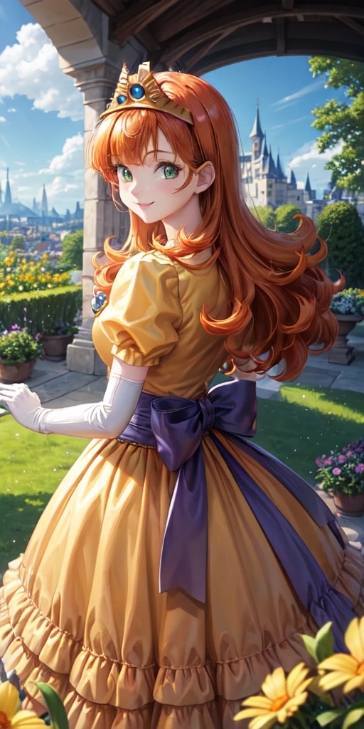 masterpiece, best quality, dqLaura, orange hair, tiara, necklace, yellow dress, elbow gloves, cowboy shot, looking at viewer, castle, garden, sky, spring, smile 