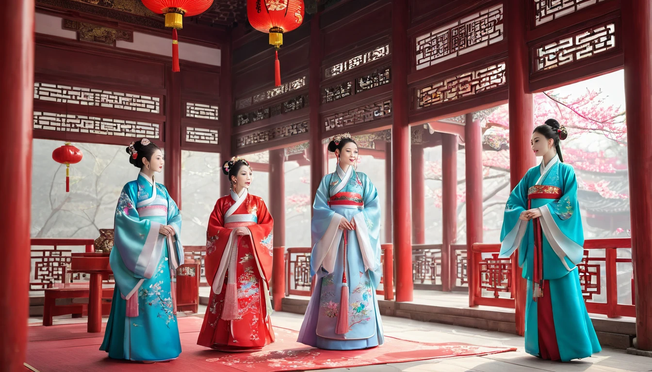 In traditional Chinese palace architecture,Wearing Hanfu,People participating in modeling competitions。RAW photos,Best quality,(reality,照⽚reality感:1.3),masterpiece,Extremely exquisite and beautiful,High resolution,Original,Perfect lighting,(Extremely detailed CG:1.2),Unification,2k wallpaper,Amazing,fine