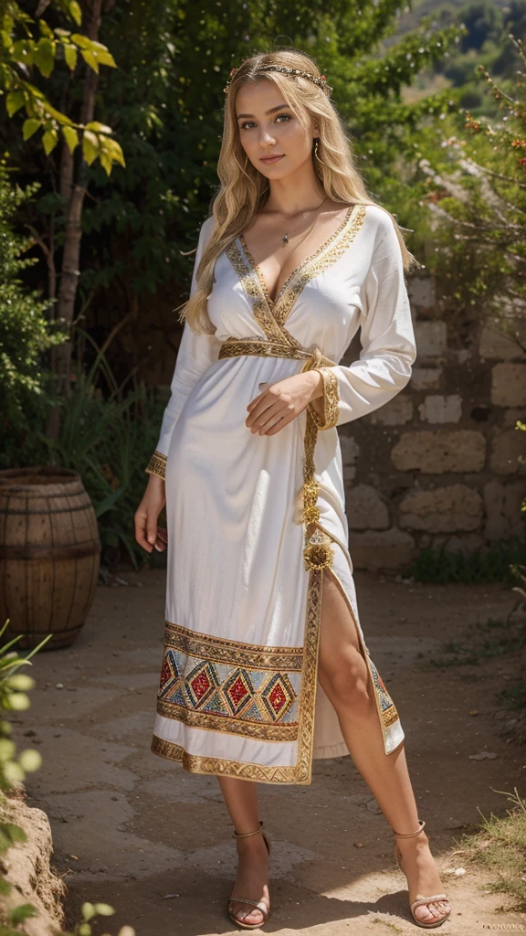 beautifull hot german blonde, robe kabyle, berber, amazigh dress, kabyledress, tizi ouzou, berber outfil, kabylegirl, bijoux, nature background, full body, realistic,