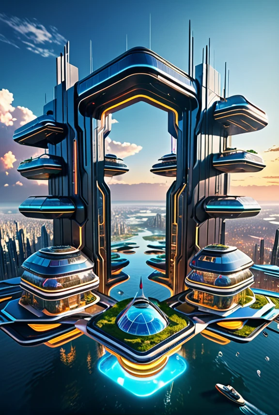 a futuristic landscape, a floating city, advanced architecture, highly detailed buildings and structures, advanced technology, glowing energy fields, dynamic lighting, dramatic camera angle, cinematic composition, vibrant colors, digital painting, octane render, 8k, high resolution, photorealistic, award winning, concept art