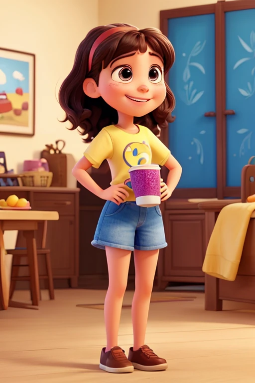 A Pixar-style illustration featuring a cheerful girl holding a cup of açaí. The girl has straight hair and light-colored eyes. She is smiling warmly and wearing a colorful t-shirt. The cup of açaí is decorated with fresh fruits like strawberries, bananas, and granola. The background of the image is bright and vibrant, capturing the lively and joyful essence characteristic of Pixar animations.