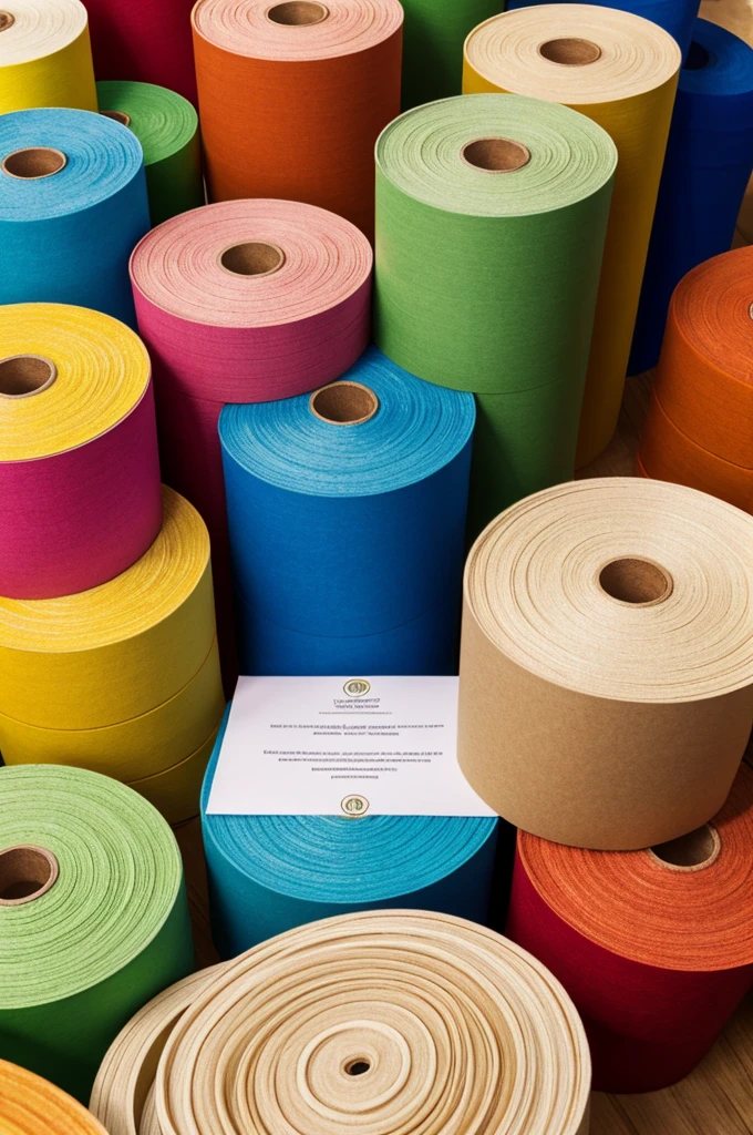 Design a colorful banner for a paper manufacturing company. The banner should contain an image of the production process. Use images of a variety of paper products (paper rolls, books, packaging, etc.). Use a color palette that matches the logo (green, brown, neutral tones). Make sure the design is visually appealing and adaptable for online and offline media.
