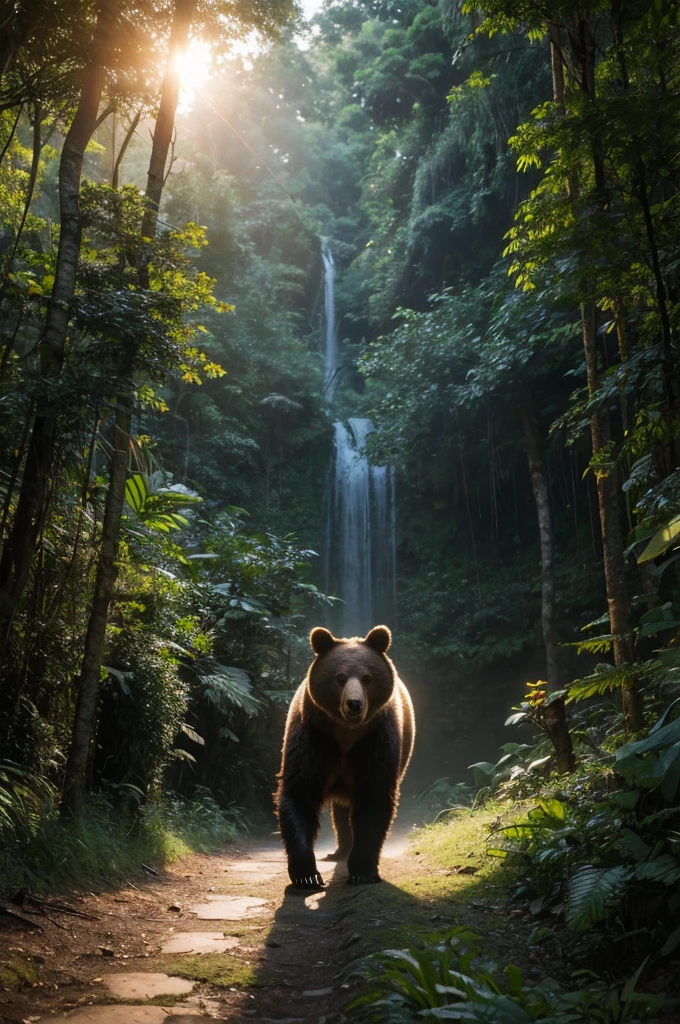 Bear walking in the jungle,strong,sad,Look at the lens,Sunset,forest,Japanese comic style,Unreal Engine,illustration,Wide-angle lens,Realistic details,Atmospheric one