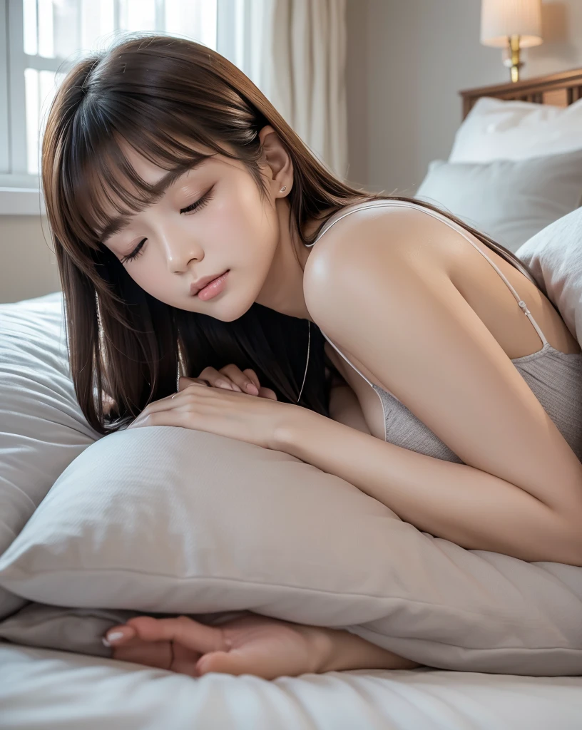 (Highest quality, 32k, High resolution, Masterpiece:1.5, ), marimo_jet, god々A photograph with brilliant dazzling and healing power., Evoking a sense of calm and elusive beauty, Expressing emotions, Have a rich imagination,Beautiful Japanese Girls, ((One person:1.7)), ((Sleeping in bed:1.4)), An exceptionally beautiful face, Small Face Beauty, Perfect Human Anatomy, Motherhood and generosity, Deep Love, Innocent sleeping face, Close ~ eyes, Shiny brown hair, Intricately detailed long hair, Asymmetrical bangs, Hair between the eyes, Transparent, soft white skin, Sharp eyebrows, Thin lashes, No makeup, Pale pink detailed lips, , ((Grey camisole:1.2)), High resolutionの完璧な鎖骨, High resolutionの美しい胸元, Slim figure with ample breasts, High resolutionの美しい太もも, ((A bright room with morning sunlight streaming in:1.3)), ((White bed:1.3)), Professional Lighting, Professional photographer, Professional models, god秘的