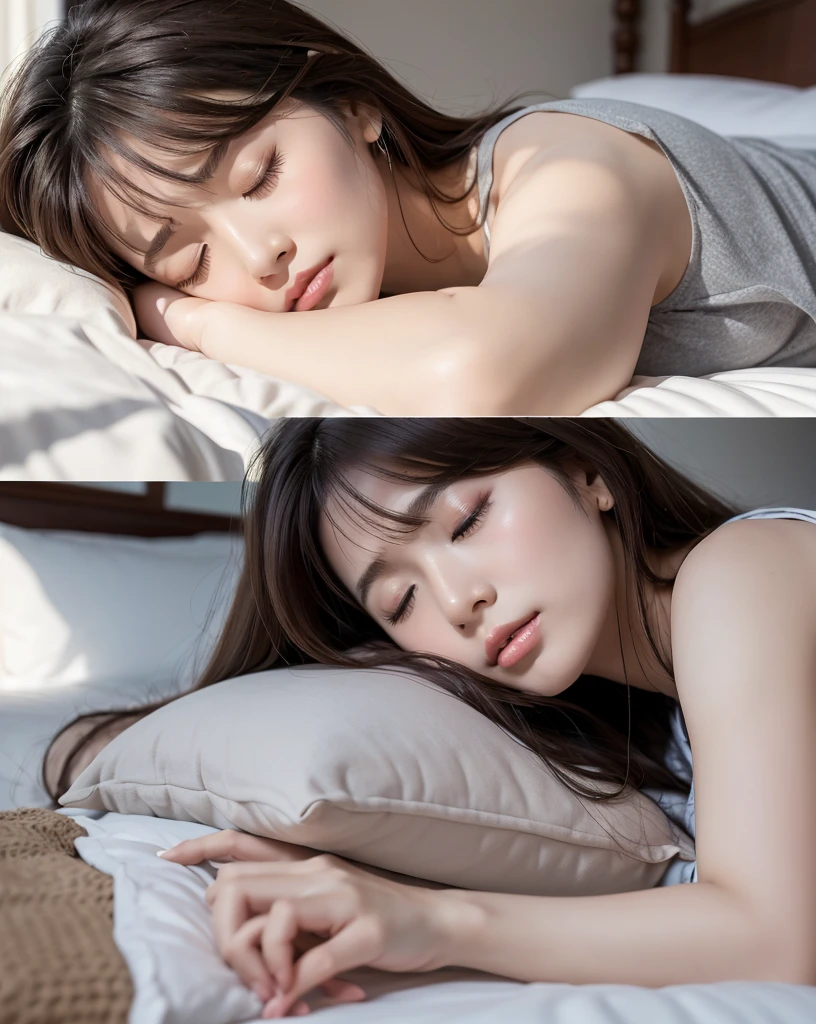 (Highest quality, 32k, High resolution, Masterpiece:1.5, ), marimo_jet, god々A photograph with brilliant dazzling and healing power., Evoking a sense of calm and elusive beauty, Expressing emotions, Have a rich imagination,Beautiful Japanese Girls, ((One person:1.7)), ((Sleeping in bed:1.4)), An exceptionally beautiful face, Small Face Beauty, Perfect Human Anatomy, Motherhood and generosity, Deep Love, Innocent sleeping face, Close ~ eyes, Shiny brown hair, Intricately detailed long hair, Asymmetrical bangs, Hair between the eyes, Transparent, soft white skin, Sharp eyebrows, Thin lashes, No makeup, Pale pink detailed lips, , ((Grey camisole:1.2)), High resolutionの完璧な鎖骨, High resolutionの美しい胸元, Slim figure with ample breasts, High resolutionの美しい太もも, ((A bright room with morning sunlight streaming in:1.3)), ((White bed:1.3)), Professional Lighting, Professional photographer, Professional models, god秘的