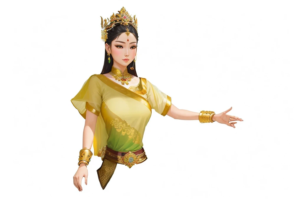 there is a woman in a traditional indian costume posing for a picture, sukhothai costume, ancient asian dynasty princess, ancient libu princess, a beautiful fantasy empress, inspired by Lan Ying, anime thai girl, royal elegant pose, inspired by Sim Sa-jeong, inspired by Yang Borun, in style of thawan duchanee, chinese empress