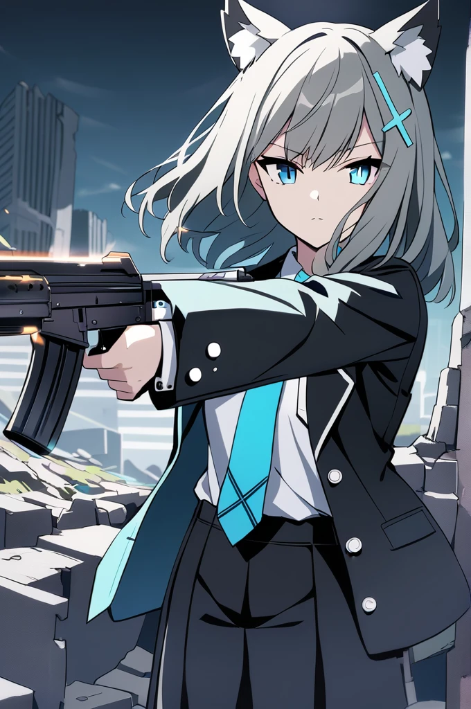 shiroko \(blue archive\),serious face,holding firearm,shooting,at ruins,dark ambience, bright shading,action genre,wolf ears,not looking at viewers