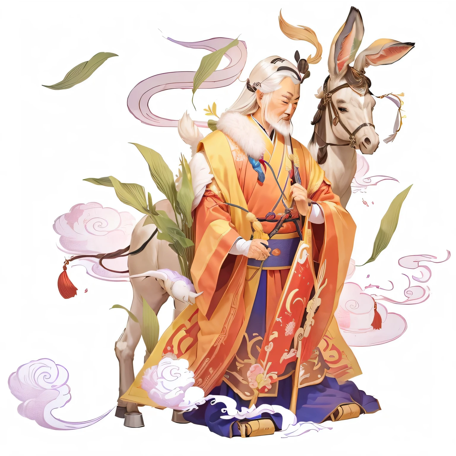 Elderly people holding bamboo tube,There is a donkey behind him.， Chinese Mythology, Inspired by Hu Zaobin, Full color illustrations, author：Yang Borun, guan yu, Taoist priest, Journey to the West, Inspired by Huang Shen, Chinese Fantasy, Inspired by Wu Daozi, by Qu Leilei, feng shu, sha xi