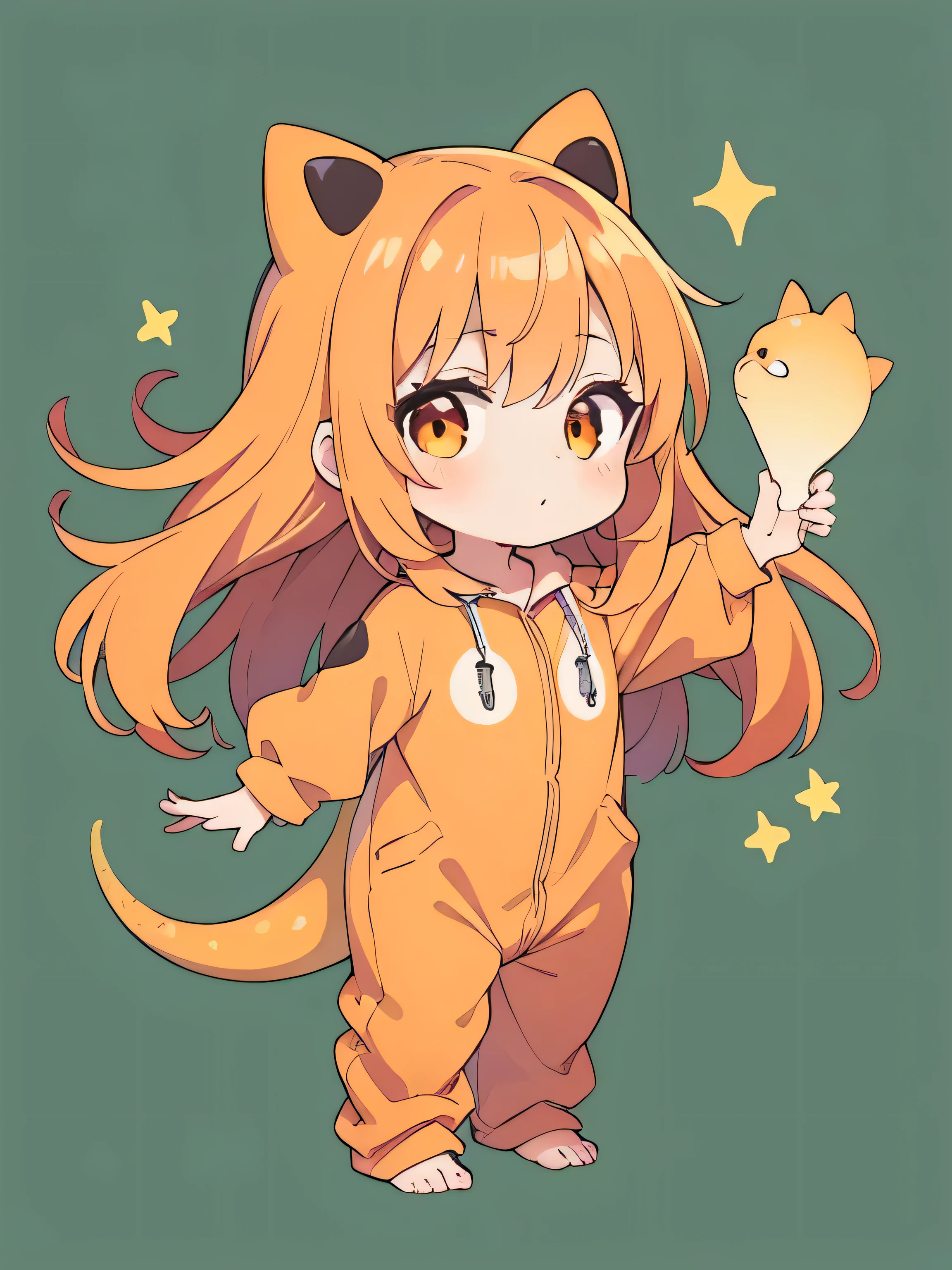 1girl, light orange hair,dark orange eyes,light orange T-rex onesie pajamas, chibi, full body, green background only, Without background, Simple background,shoot from front, looking at viewer