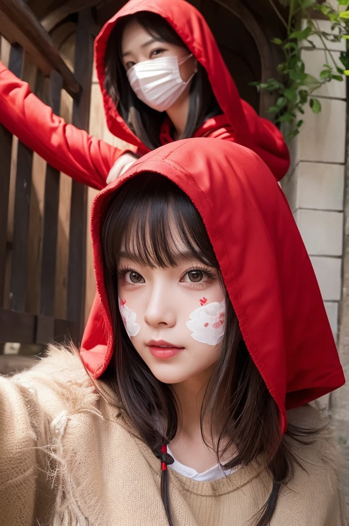 You are an illustrator who excels at realistic illustrations.。Follow these steps。1.Please draw a Little Red Riding Hood character。2.Change the face to a man。3.Please add a mask。Place it on your face。