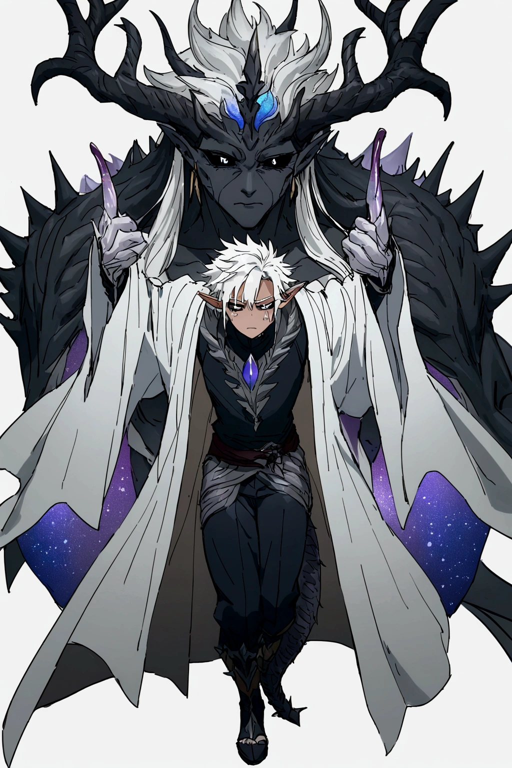 Solo, male , Character fusion: Nibelung fused with nidhoggr, odin and sun wukong, tall tanned man with wild unruly white hair, bangs on face, bangs, ((iridescent irises)), black sclera on eyes, long voluminous hair, spiky hair, pointy ears, fit , clawed fingers, dragon tail, open haori, turtleneck tanktop, dark crystal antlers, exhausted expression, khaenr'ah abyss, draconic person, calamity incarnate, full body