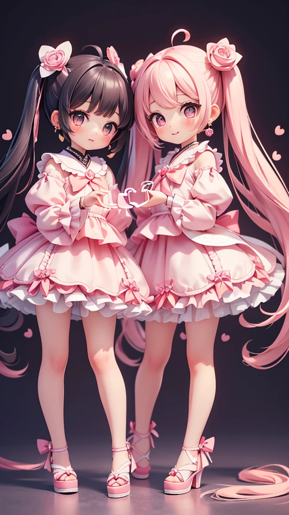 ((petite bishojo, 2girls)), ((kawaii face)), ((heart shaped eyes)), (masterpiece), (top quality), ((hyper detailed)), (exquisite), (beautiful and aesthetic), (super detailed skin), (high standard), (high resolution), (perfect anatomy), (full body), (nose blush), (short twintails), (ahoge), ((jirai kei)), (earring), (lipstick), (perfect hands)