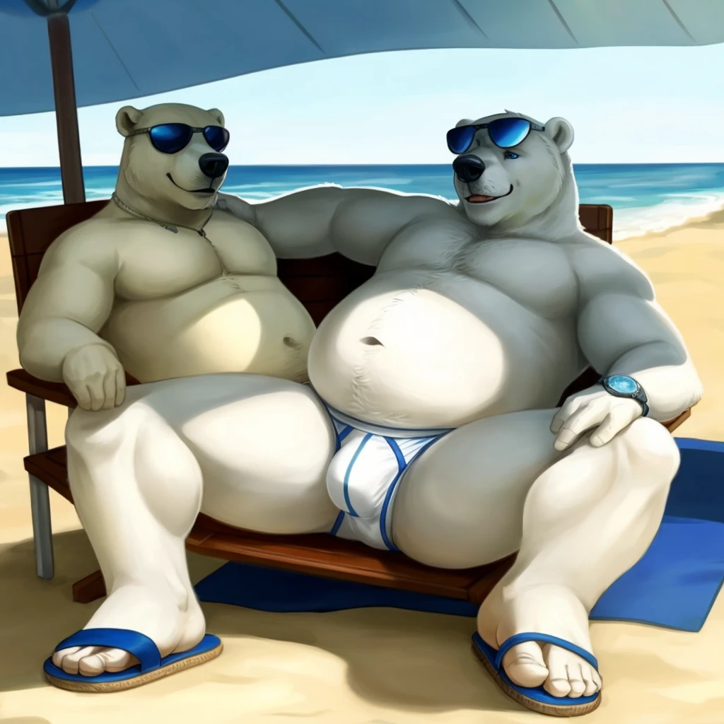 chubby dad male polar bear blue eyes, laying on chair , no clothes , white briefs , watch ,hands on sunglasses , smiling , under sun , , beach background, sunlight, sandals , high quality , drawing
