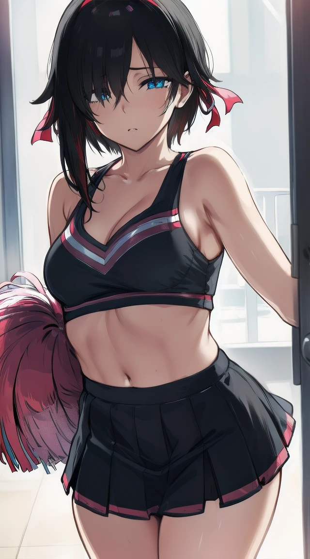 1girl,((black red multicolor hair)),((grey eyes ))
BREAK ((hair ornament, gloves, jewelry, flat breasts,  hair ribbon,  thighs, , ruby rose, black hair, short hair, :1))
BREAK ((blank eyes,cheerleader, mind control,:1.4))
BREAK indoors,
BREAK looking at viewer, 
BREAK (masterpiece:1.2), best quality, high resolution, unity 8k wallpaper, (illustration:0.8), (beautiful detailed eyes:1.6), extremely detailed face, perfect lighting, extremely detailed CG, (perfect hands, perfect anatomy),