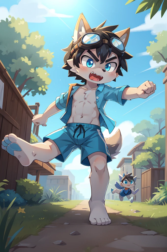 score_9,score_8_up,score_7_up, source_cartoon, source_furry, Furry shota, young, wolf, black hair, long spiky ponytail, blue eyes, detailed body fur, ((goggles, blue hawaiian shirt, open clothes, one shoulder off, black swim trunks)), looking at another, fangs, clear grey body fur, detailed face, big eyebrows, detailed eyes, detailed body, detailed body fur, detailed hands, glistering body, shiny body, skinny, uperbody, solo, skinny, running, kick towards viewer, angry expression, glowing blue eyes, outdoors, from above, fight, dynamic action shot, speed lines, motion blur, Birds Eye view, fighter pose, feet focus, barefoot,