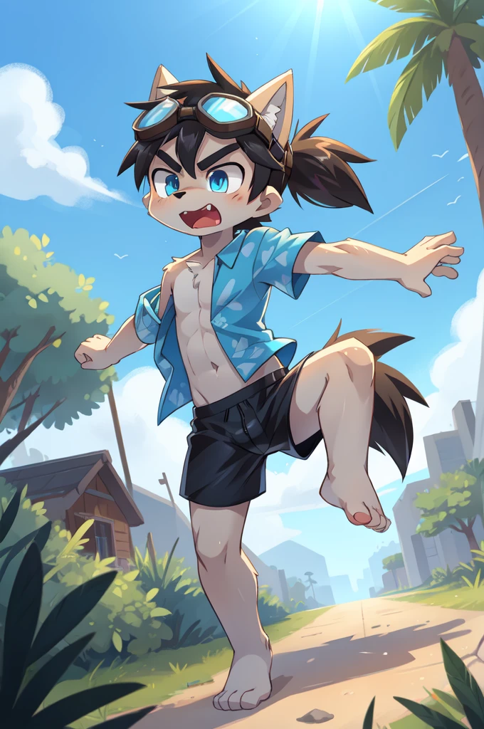 score_9,score_8_up,score_7_up, source_cartoon, source_furry, Furry shota, young, wolf, black hair, long spiky ponytail, blue eyes, detailed body fur, ((goggles, blue hawaiian shirt, open clothes, one shoulder off, black swim trunks)), looking at another, fangs, clear grey body fur, detailed face, big eyebrows, detailed eyes, detailed body, detailed body fur, detailed hands, glistering body, shiny body, skinny, uperbody, solo, skinny, running, kick towards viewer, angry expression, glowing blue eyes, outdoors, from above, fight, dynamic action shot, speed lines, motion blur, Birds Eye view, fighter pose, feet focus, barefoot,