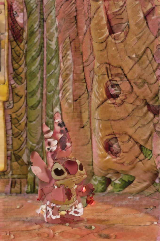 st1tch wearing a pink princess dress, in front of a castle