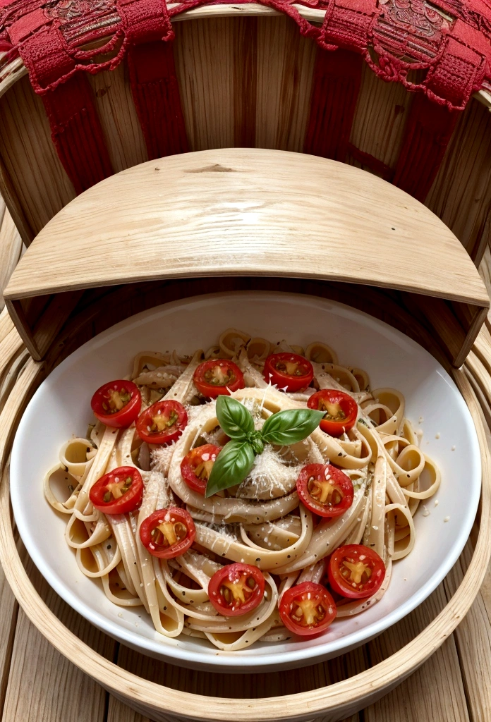 delicious pasta inside a Chinese box white, rustic wooden table, Italian recipe, tomatoes, tomato sauce, red