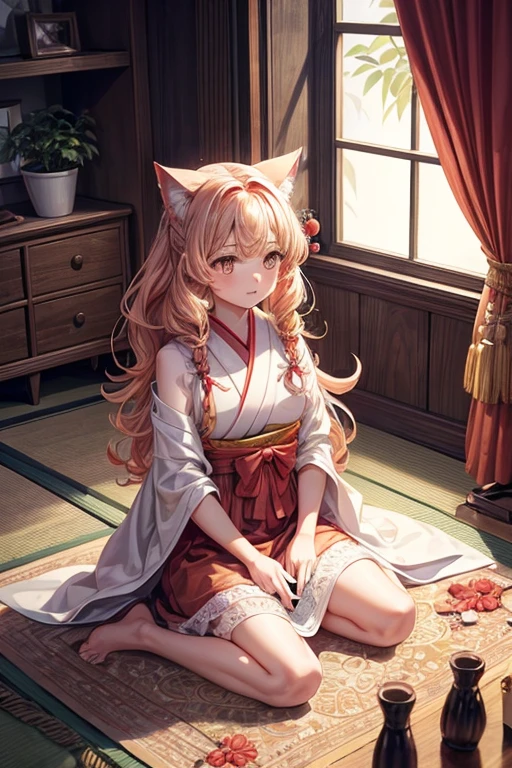 A girl, coral hair, wavy hair tied with a ribbon, amber eye color, a cat, platinum fur, amber eyes, playing with a smartphone on the floor of a room, lace curtains, swaying in the wind, calm afternoon, a little light, potted plant, Japanese anime style illustration, high resolution