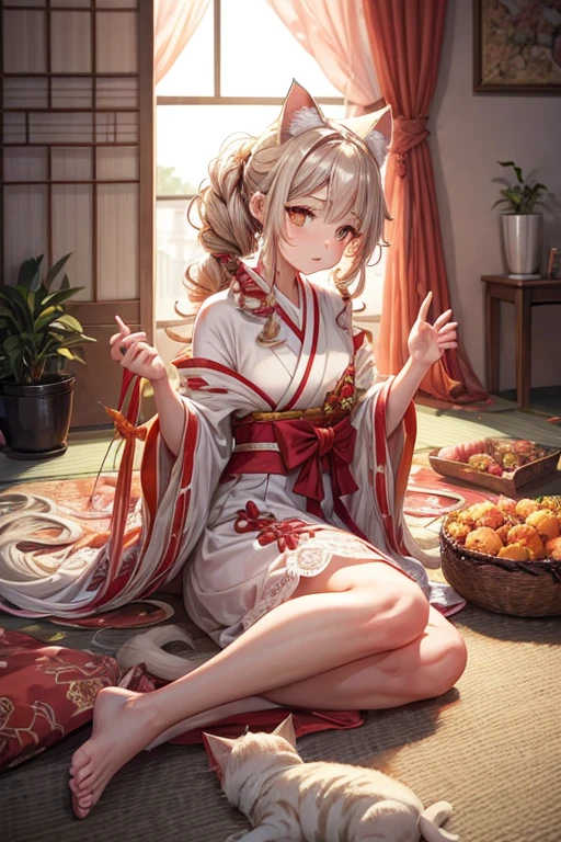 A girl, coral hair, wavy hair tied with a ribbon, amber eye color, a cat, platinum fur, amber eyes, playing with a smartphone on the floor of a room, lace curtains, swaying in the wind, calm afternoon, a little light, potted plant, Japanese anime style illustration, high resolution