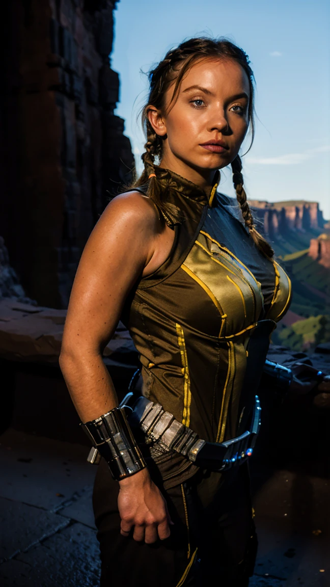 (masterpiece), (solo character), (best quality), (photorealistic 1.4), (EpicRealLife), (night time), (sateleshan bodysuit), , (twin braided hair), sleeveless, armor, bare shoulders, (ateleshan costume), (Sydney Sweeney), (large breasts), (European model), (young woman) , (star wars outdoor), (star wars theme), (in a canyon) (flashphoto), (night time), (at night), (cowboy shots), 