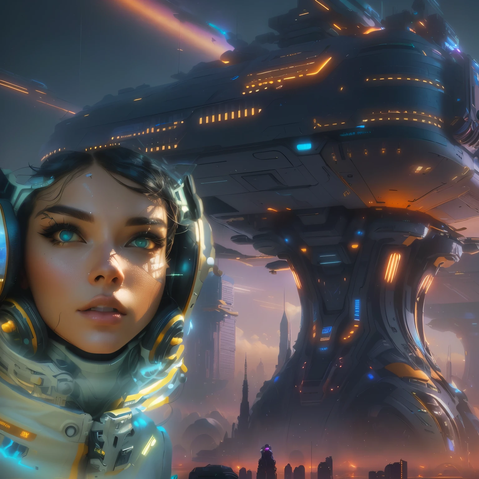futuristic woman in space suit with futuristic city in background, greg beeple, artgem and beeple masterpiece, wojtek fus, paul lehr and beeple, arstation and beeple highly, beautiful sci fi art, in style of beeple, portrait beautiful sci - fi girl, wlop. scifi, sci-fi digital art illustration