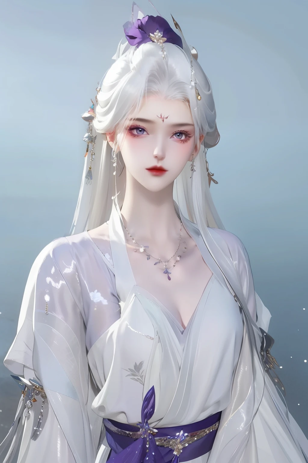 (best quality,masterpiece:1.2),Ultra-high resolution,Realistically,Front lighting,Intricate details,Exquisite details and textures,(1 girl),Solitary,Upper Body,Purple Hanfu,好漂亮的big eyes,Purple dress,Petal decoration,Pretty Face,Facing the audience,Ribbon,gossamer,(young),Facial highlights,Detailed production,Tear mole,White skin,Silver Hair,High Ponytail,Looking at the audience,big eyes,(Hollow pattern),Ear nipple rings,fit,White background,Right hand,Professional lighting,Photon Mapping,Radio City,Physically Based Rendering