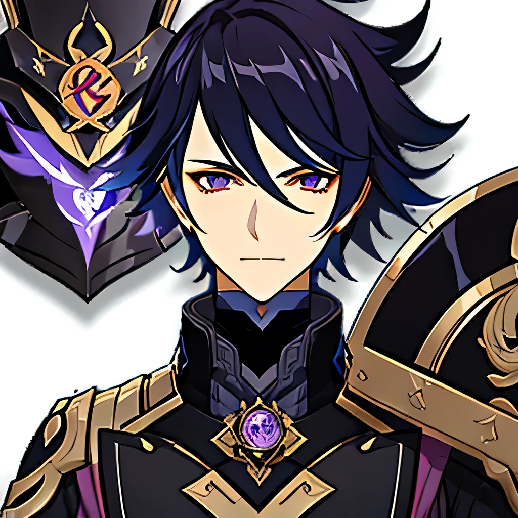 a male anime,single character, hyacinthe rigaud style, Black suite, short Black hair mexas brancas, barba, visual novel sprite, black armor detailed, high quality, cinematic, dramatic pose, intricate details, vibrant colors, masterpiece, Genshin impact. 