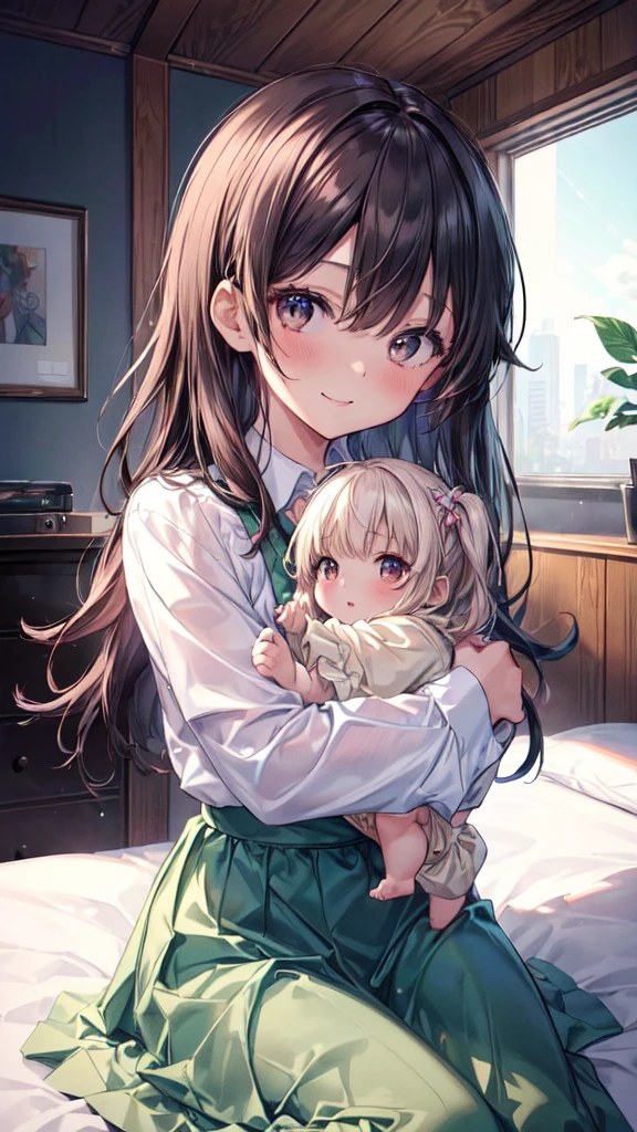 (Ultra-high resolution of the highest quality, masutepiece, Best Quality, 8K, Super Detail, Best Quality:1.3), (Anatomically correct:1.2), 1 Little Baby girl, the girl is pre-schooler, the girl with her mother, hug, upper body, the Mother is wearing a shirt and long skirt, the mother has long black hair, sitting, smile