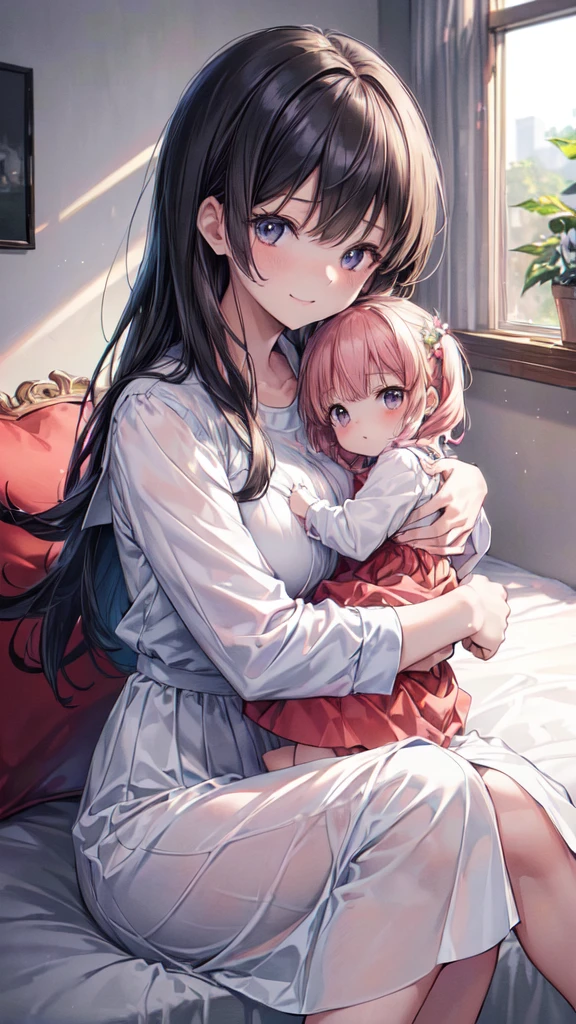 (Ultra-high resolution of the highest quality, masutepiece, Best Quality, 8K, Super Detail, Best Quality:1.3), (Anatomically correct:1.2), 1 Little Baby girl, the girl is pre-schooler, the girl with her mother, hug, upper body, the Mother is wearing a shirt and long skirt, the mother has long black hair, sitting, smile
