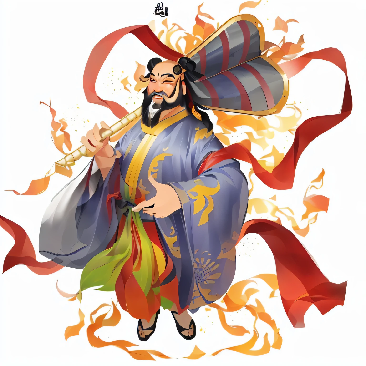 A man holding a giant palm leaf fan,Wrapped in red silk,Exaggerated expression,Middle-aged man with teeth showing,No hair in the middle of the head,There are braids on both sides,Black beard Onmyoji detailed art, Inspired by Hu Zaobin, Onmyoji, Inspired by Huang Shen, bian lian, akira from Chinese Mythology, Full color illustrations, Inspired by Zhou Wentianchong, Inspired by Gong Xian, Chinese Mythology, feng shu, Inspired by Cao Zhibai
