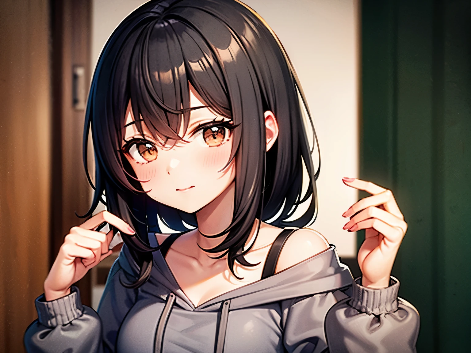 a girl, shoulder length hair, black hair, brown eyes, doe eyes, wears gray hoodie, cute, adorable
