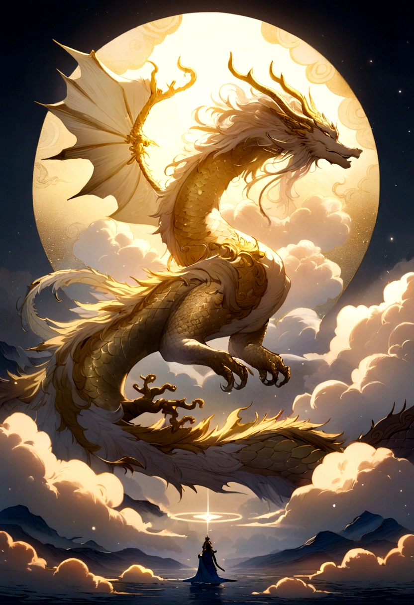 Silver dragon god, gentle gaze, fantastic background, moonlight background, sea of clouds background, golden splashes, mysterious, sacred light, mythical creature, traditional Chinese dragon, mythology, speckled light, hazy haze, mysterious aura, masterpiece, fantastic and graceful dragon, good luck, fantasy art