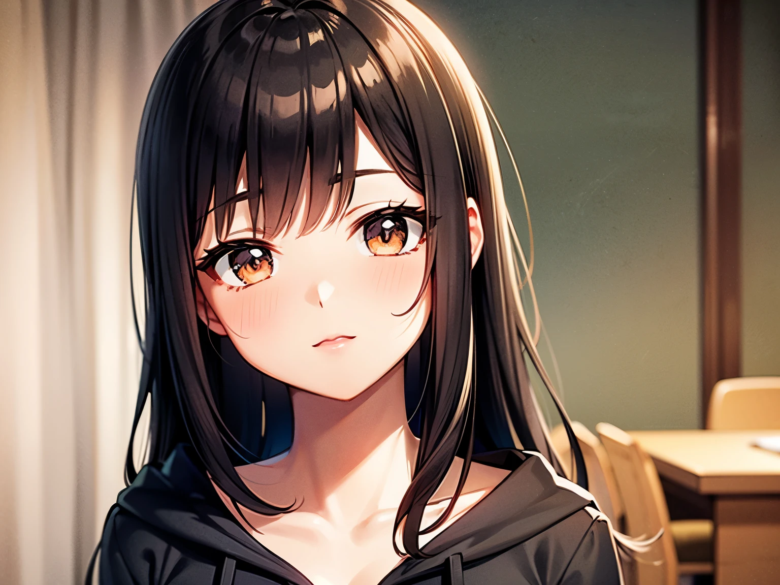 a girl, shoulder length hair, black hair, brown eyes, doe eyes, wears gray hoodie, cute, adorable