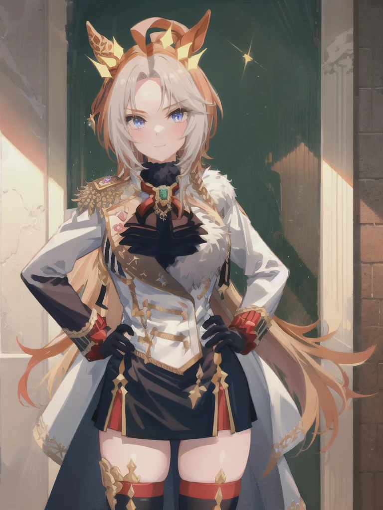 orfevre \(umamusume\), 1girl, animal ears, solo, epaulettes, gloves, thighhighs, blonde hair, skirt, hand on hip, looking at viewer, white gloves, brown hair, crown, long sleeves, black skirt, breasts, blush, sparkle, tail, jacket, ahoge, smile, large breasts, jewelry, closed mouth, coat, bow, cowboy shot, aiguillette, original, intricate detail, illustration, masterpiece, extremely detailed CG unity 8k wallpaper, highlight, sharpening, dynamic, masturbation