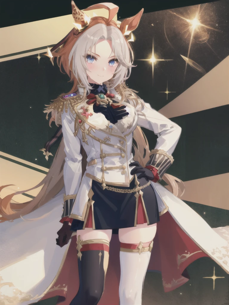 orfevre \(umamusume\), 1girl, animal ears, solo, epaulettes, gloves, thighhighs, blonde hair, skirt, hand on hip, looking at viewer, white gloves, brown hair, crown, long sleeves, black skirt, breasts, blush, sparkle, tail, jacket, ahoge, smile, large breasts, jewelry, closed mouth, coat, bow, cowboy shot, aiguillette, original, intricate detail, illustration, masterpiece, extremely detailed CG unity 8k wallpaper, highlight, sharpening, dynamic, masturbation