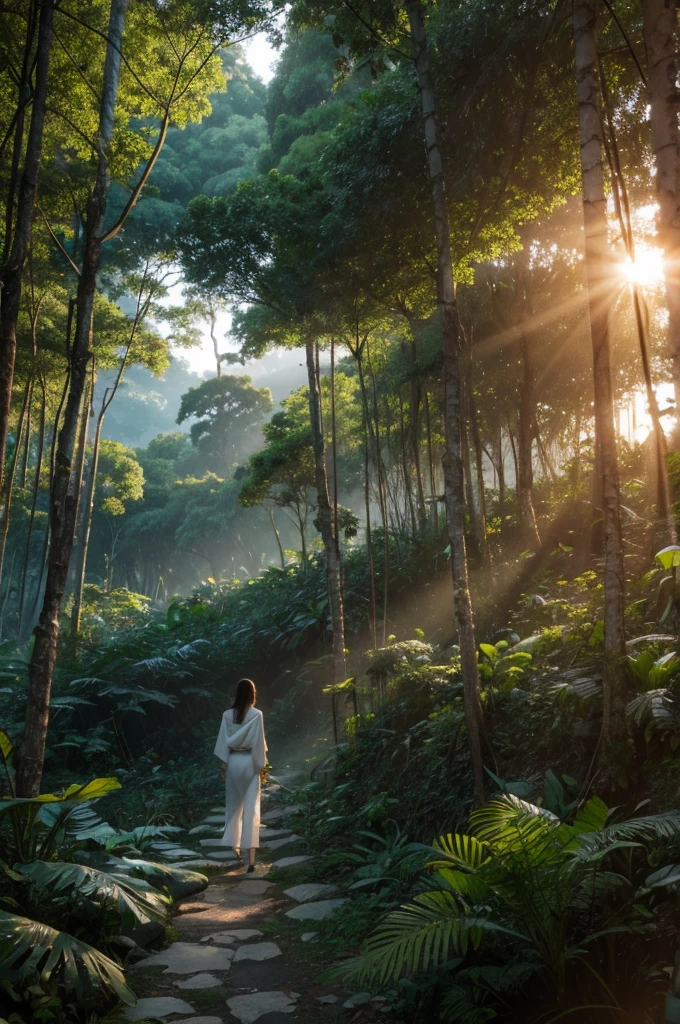 White walking in the jungle,strong,sad,whole body,Look into the distance,Sunset,forest,Japanese comic style,Unreal Engine,illustration,Wide-angle lens,Realistic details,Atmospheric one