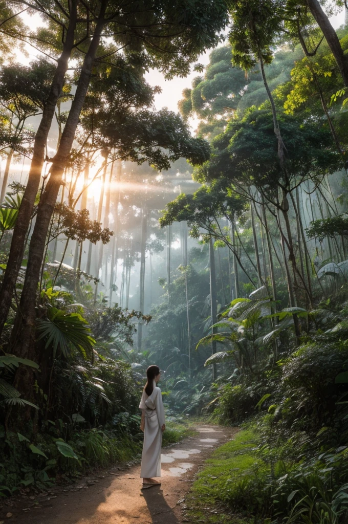 White walking in the jungle，strong，sad，whole body，Look into the distance，Sunset，forest，Japanese comic style，Unreal Engine，illustration，Wide-angle lens，Realistic details，Atmospheric one