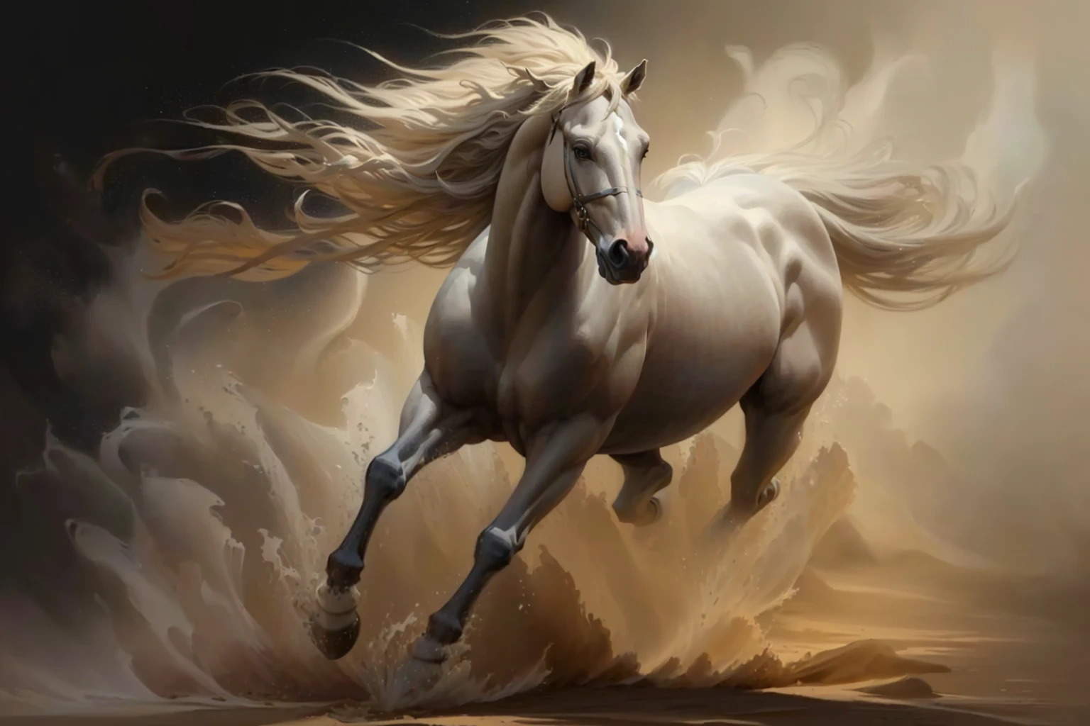 a painting of a horse running in the sand with its mane flowing, linda arte, arte linda, heather theurer, stunning painting, inspirado em John Frederick Herring, Mr.., amazing painting, amazing painting, fantastic art, powder László Balogh, inspirado em John Frederick Herring, Junior., por Daniel Taylor, por Brian Thomas, flowing mane