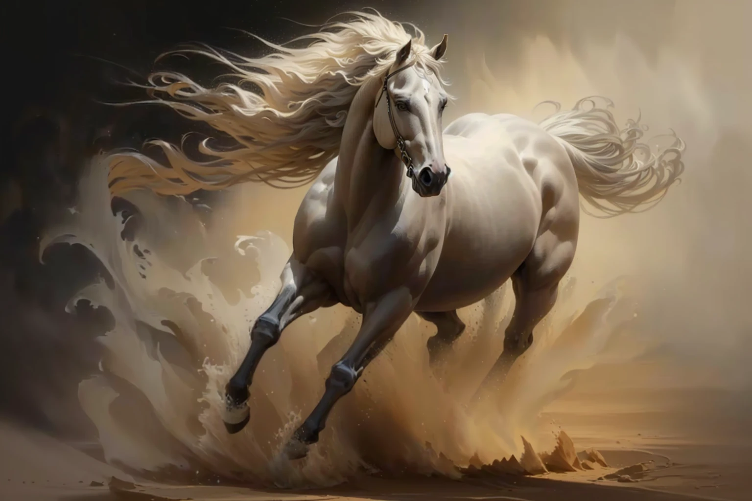 a painting of a horse running in the sand with its mane flowing, linda arte, arte linda, heather theurer, stunning painting, inspirado em John Frederick Herring, Mr.., amazing painting, amazing painting, fantastic art, powder László Balogh, inspirado em John Frederick Herring, Junior., por Daniel Taylor, por Brian Thomas, flowing mane