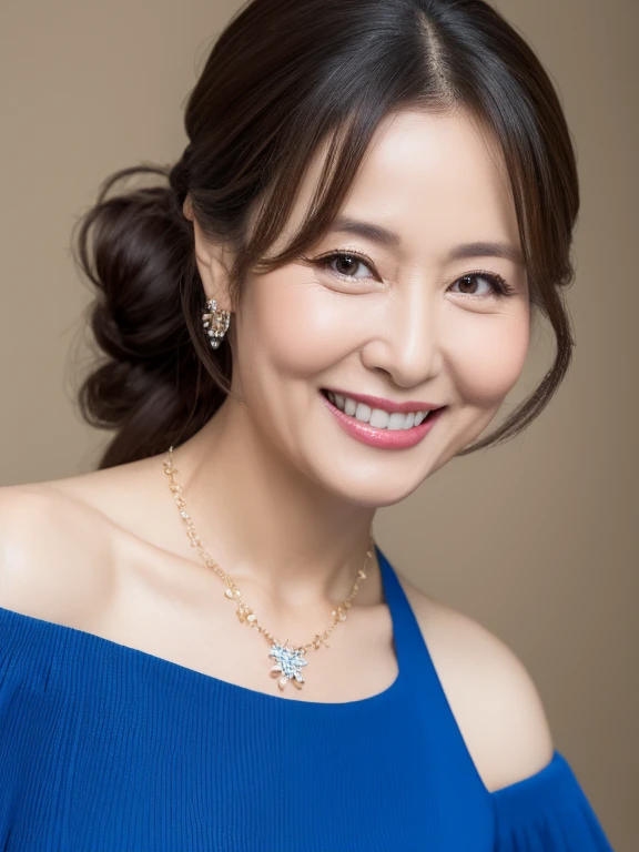 (Solo:1.3),8K, Best quality, Masterpiece, Realistic, Super detail, f/1.2, 85mm, Nikon, Smiling woman with bun hair, Natural makeup, 63 years old beautiful asian woman, blue off-shoulder tops dress,Ruffled sleeves, Diamond pendant necklace, Emphasize chest, waist shot,