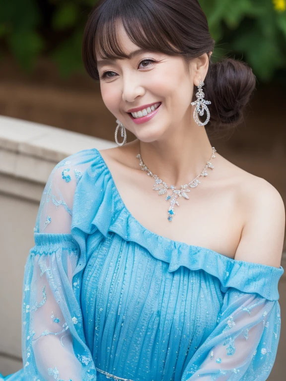 (Solo:1.3),8K, Best quality, Masterpiece, Realistic, Super detail, f/1.2, 85mm, Nikon, Smiling woman with bun hair, Natural makeup, 63 years old beautiful asian woman, blue off-shoulder tops dress，Ruffled sleeves, Diamond pendant necklace, Emphasize chest, waist shot,