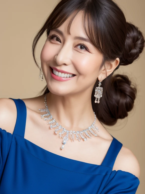 (Solo:1.3),8K, Best quality, Masterpiece, Realistic, Super detail, f/1.2, 85mm, Nikon, Smiling woman with bun hair, Natural makeup, 63 years old beautiful asian woman, blue off-shoulder tops dress,Ruffled sleeves, Diamond pendant necklace, Emphasize chest, waist shot,