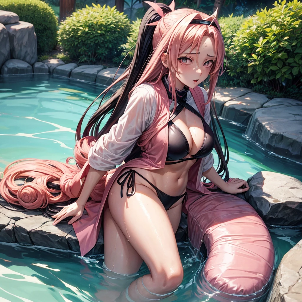 tsunade,hinata(long black hair) e sakura(short pink hair)(naruto) in a sensual bikini coming out of a wet pool +18