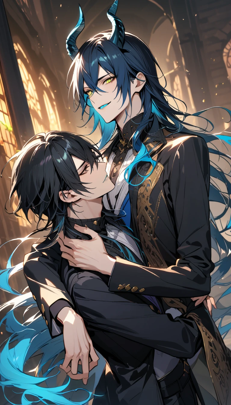 (pieces fly), (highest quality), very detailed, ((two men)), perfect face, beautiful face, very detailed face,(black haired man:1.3),(blue haired man:1.3),suit,shirt,smile,flower, (1st boy,Idia Shroud, bishounen, boy, male, extremely long hair, blue hair, blue fire hair, wavy hair, yellow eyes, tired expression, blue lips, handsome, skinny, geeky, blue glow, shark teeth,) (2nd boy, malleus draconia \(twisted wonderland\) horns, bishounen, boy, male, long hair, black hair, yellow green eyes, smile, gray lips, handsome, skinny, tall, yellow green glow,) Two men are hugging each,