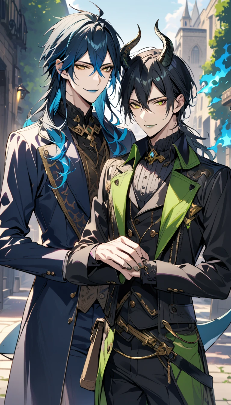 (pieces fly), (highest quality), very detailed, ((two men)), perfect face, beautiful face, very detailed face，(black haired man:1.3)，(blue haired man:1.3)，suit，shirt，smile，flower, (1st boy,Idia Shroud, bishounen, boy, male, extremely long hair, blue hair, blue fire hair, wavy hair, yellow eyes, tired expression, blue lips, handsome, skinny, geeky, blue glow, shark teeth,) (2nd boy, malleus draconia \(twisted wonderland\) horns, bishounen, boy, male, long hair, black hair, yellow green eyes, smile, gray lips, handsome, skinny, tall, yellow green glow,)  Two men are hugging each,