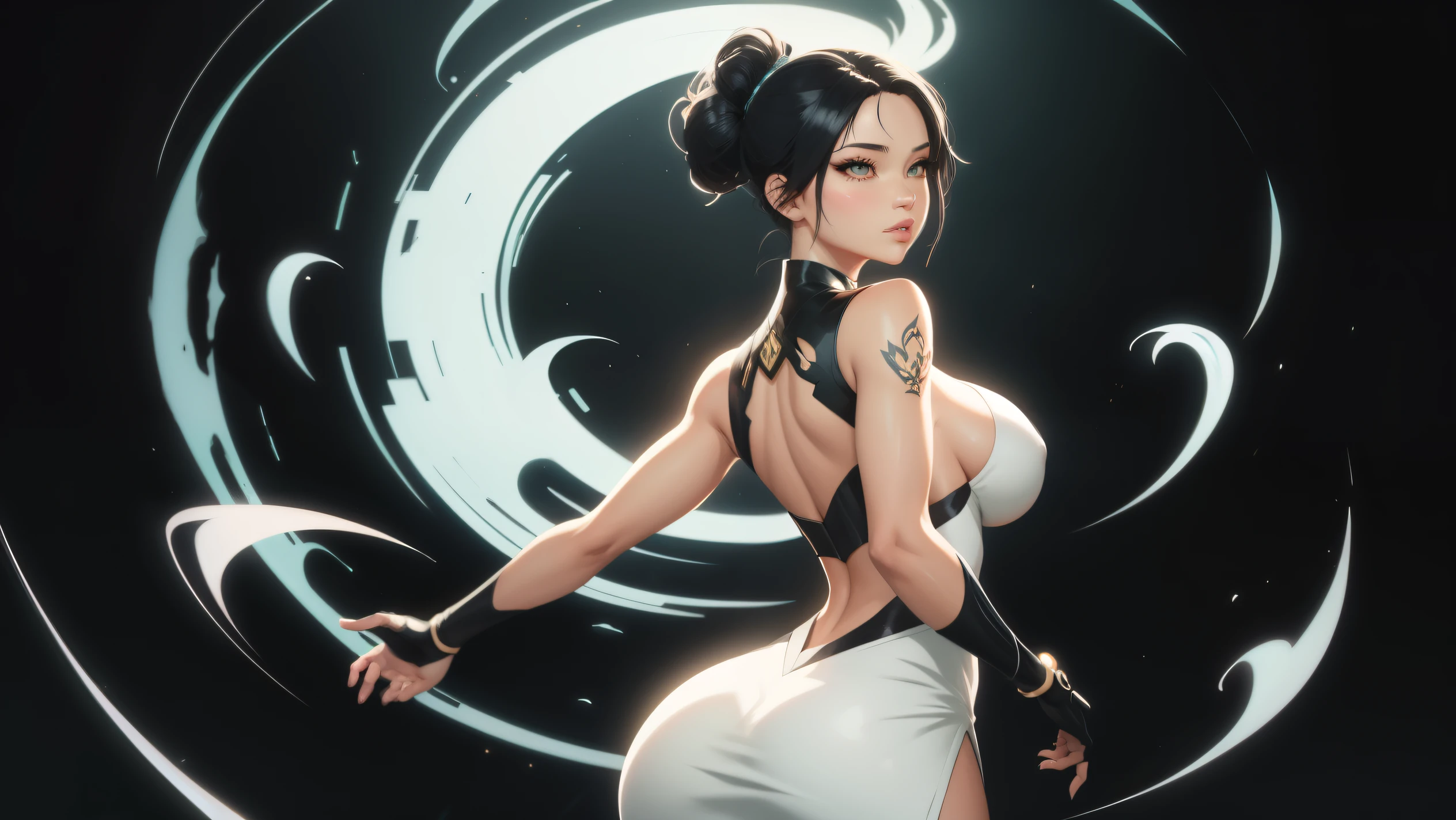 there is a woman in a white dress with a black hair, sage ( valorant ), sage, style artgerm, official fanart, in style of artgerm, artgerm and rossdraws, digital anime illustration, rossdraws sakimimichan, anime styled digital art, artgerm. anime illustration, ahri, :: rossdraws ,big tits and round ass